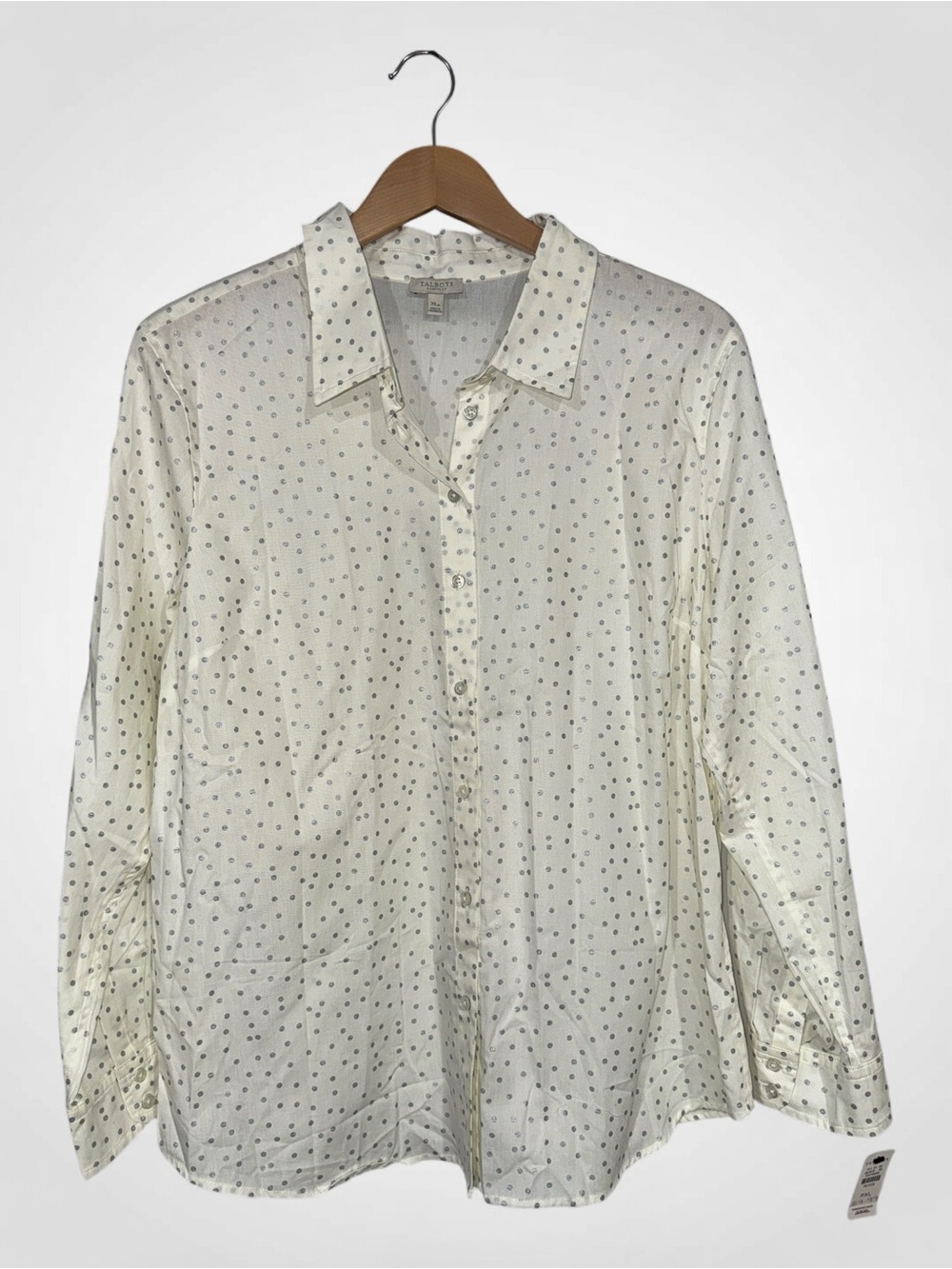 WSH84 {Talbots} Petite Cream Gray Silver Polka Dot Long Sleeve Button Down Shirt
